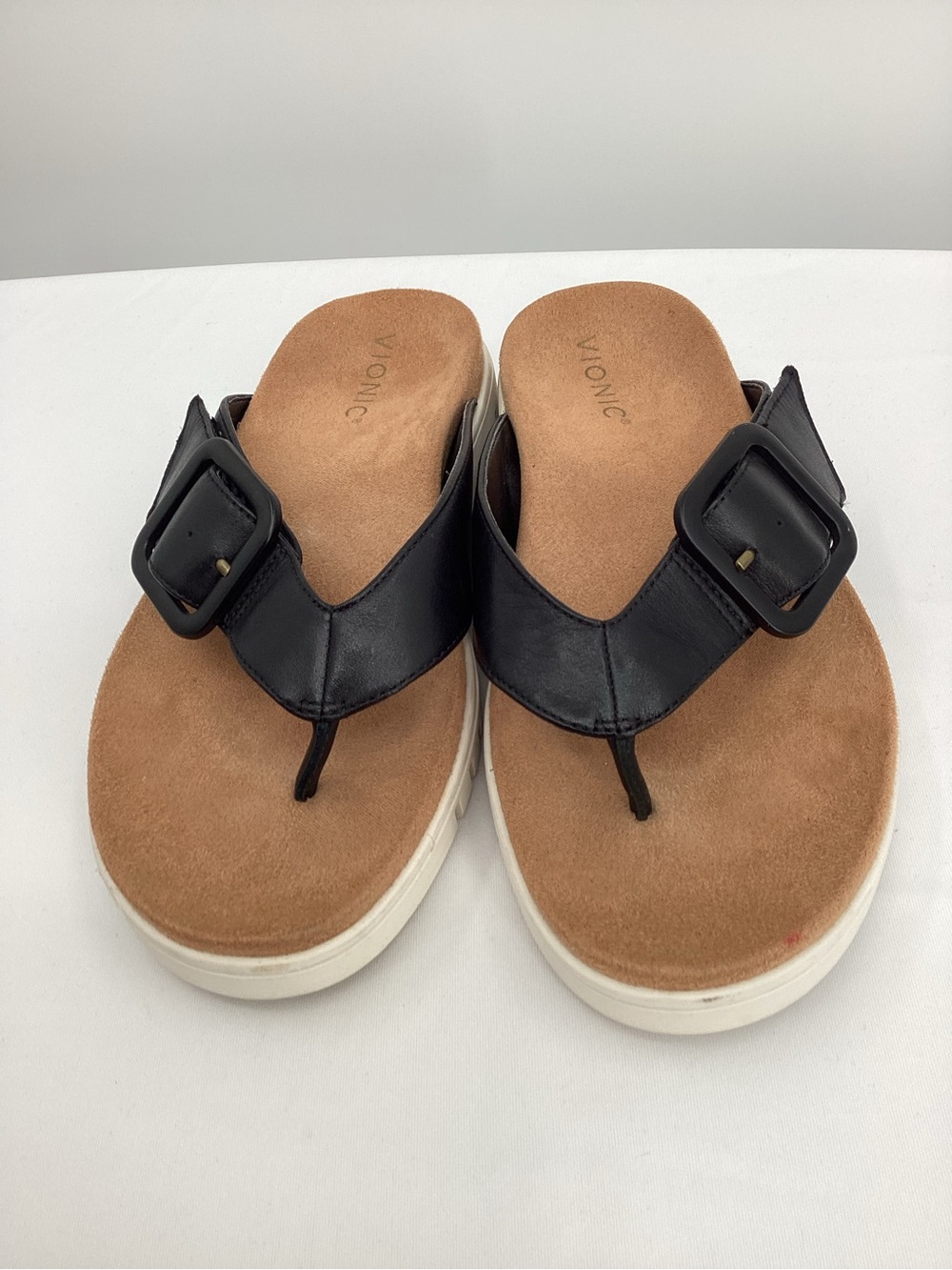 Vionic Uptown Marin Black Leather Buckle Thong Sandals